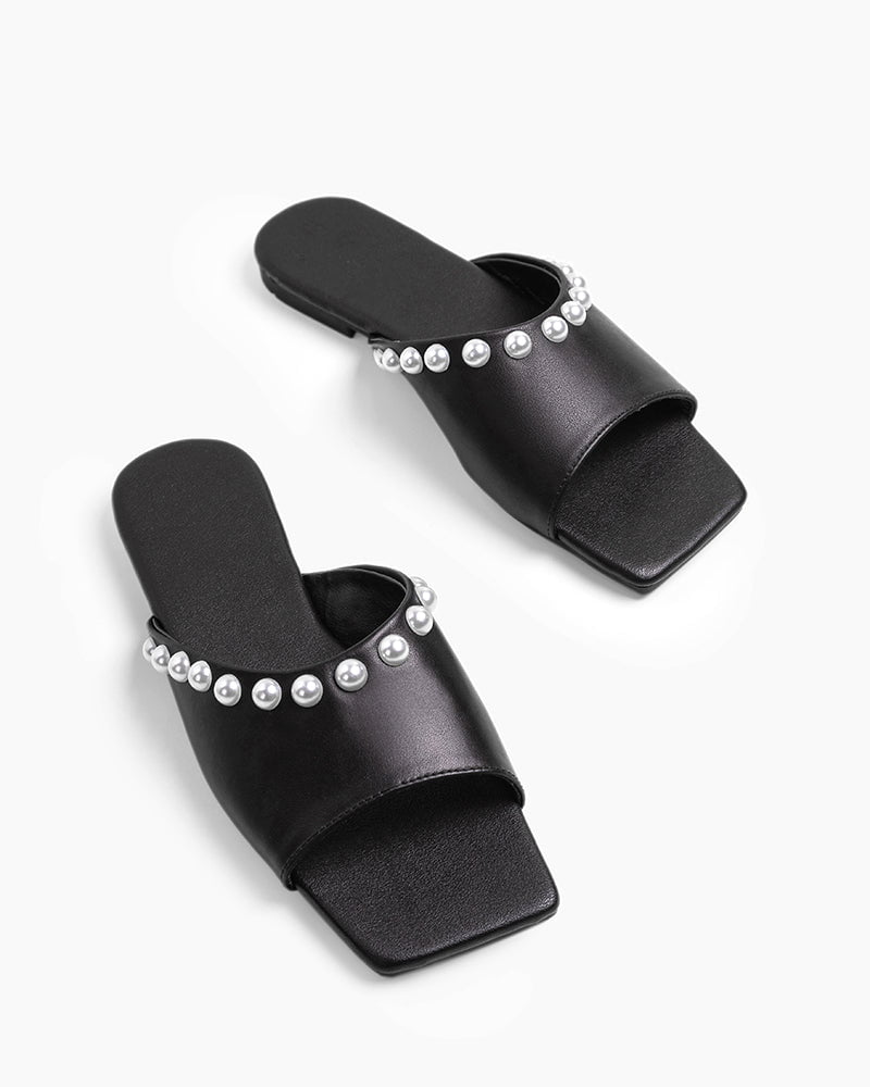 Pearl Embellished Square Toe Flat Slide Sandals