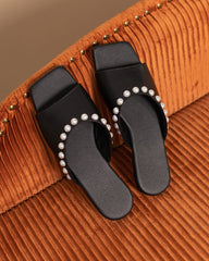 Pearl Embellished Square Toe Flat Slide Sandals
