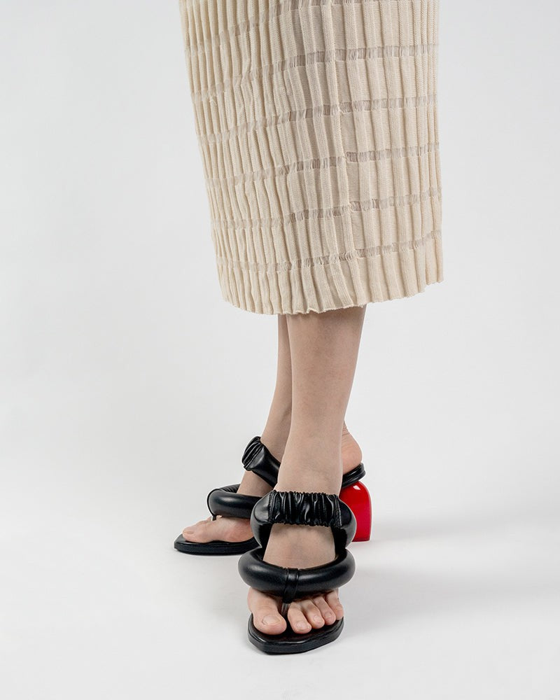 Love Design Chunky Block High Heel Elastic Strap Thong Sandals